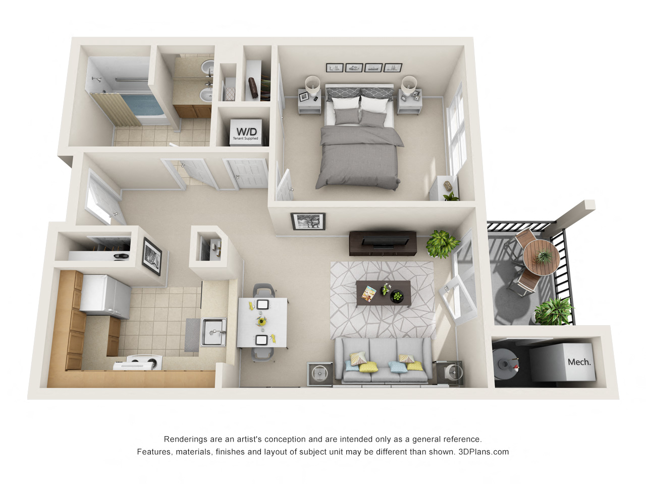 Floor plan for 1 bed, 1 bath, 751 sqft